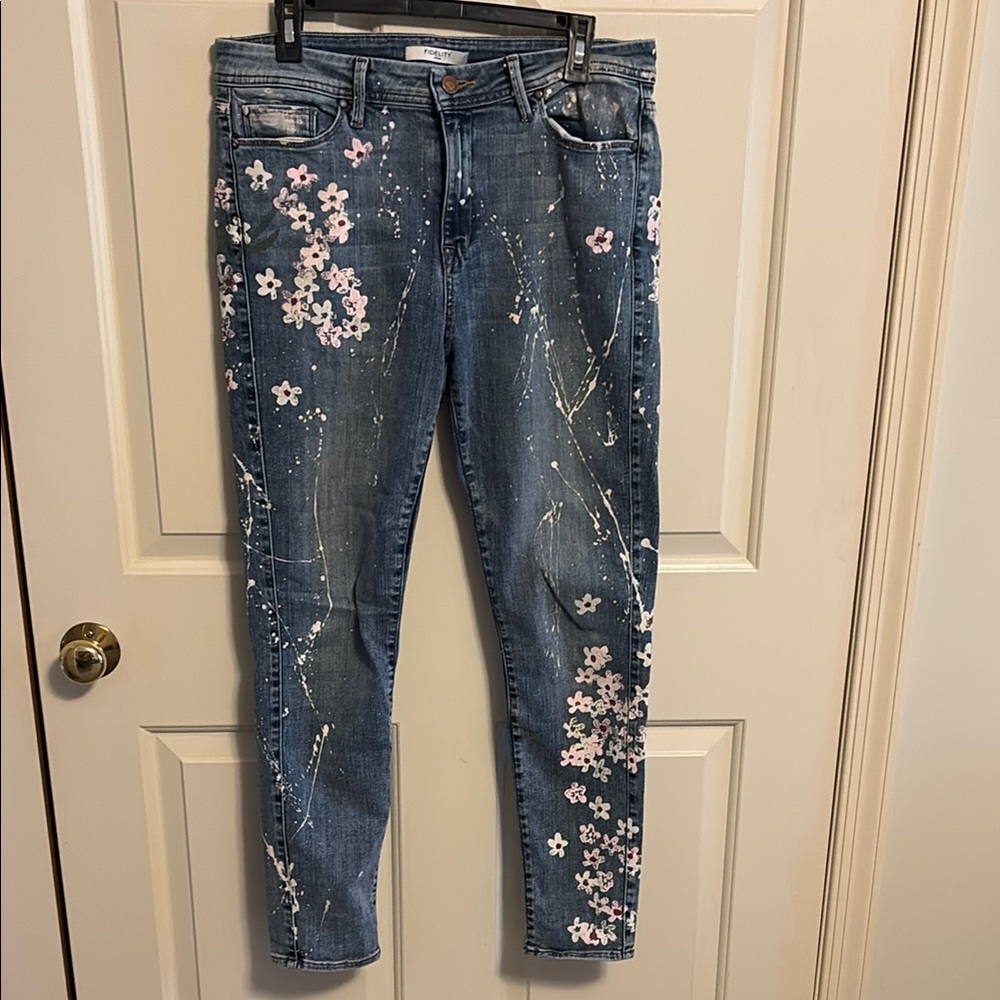 Blue and Pink Skinny Jeans with Floral hand painting